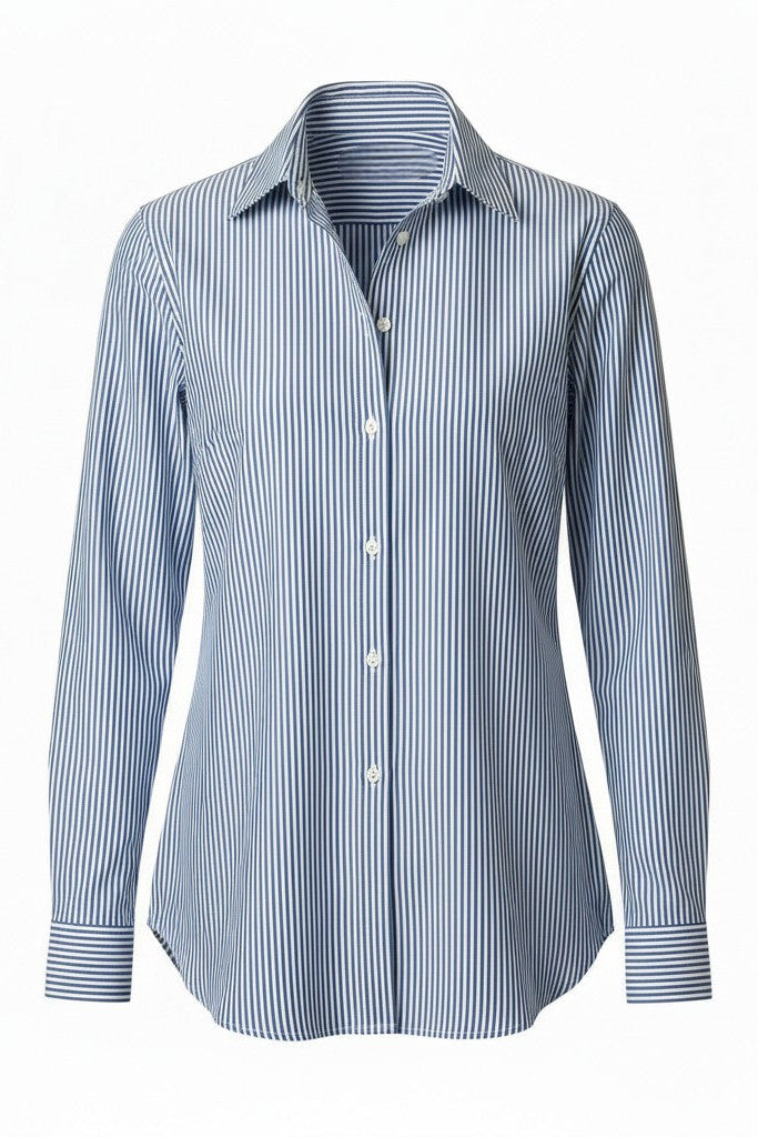 Blue and white striped shirt on a white background.