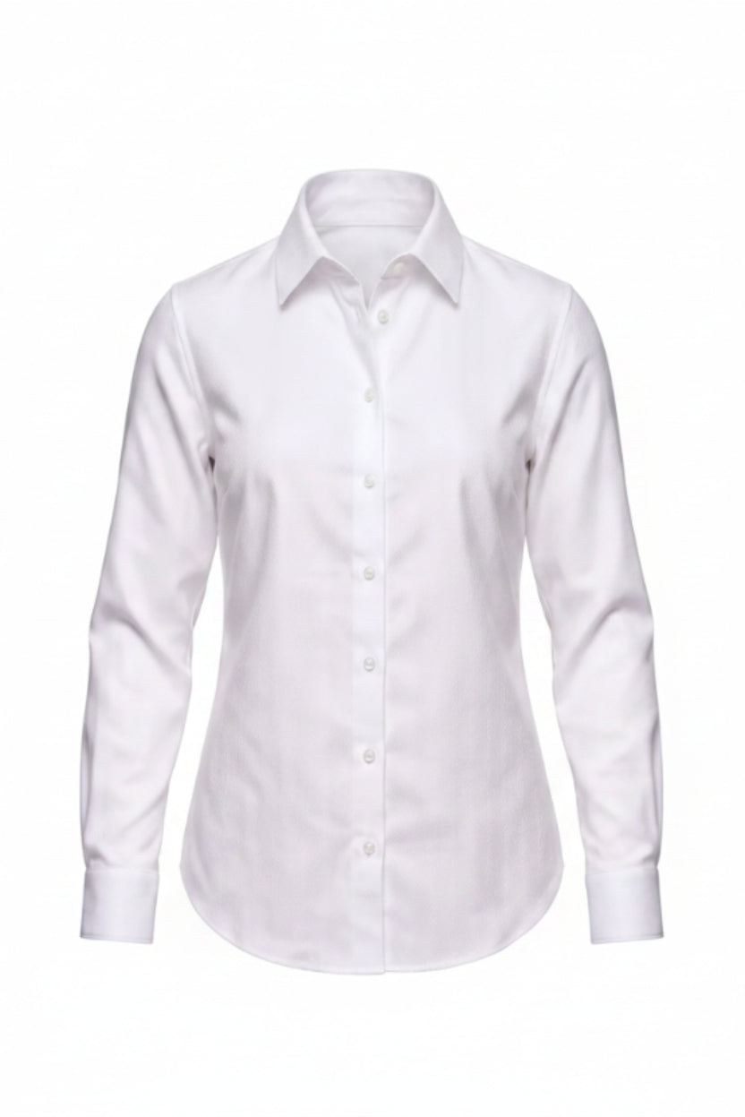 A white long-sleeve button-down shirt with a pointed collar and button-front closure, shown on a plain light background.