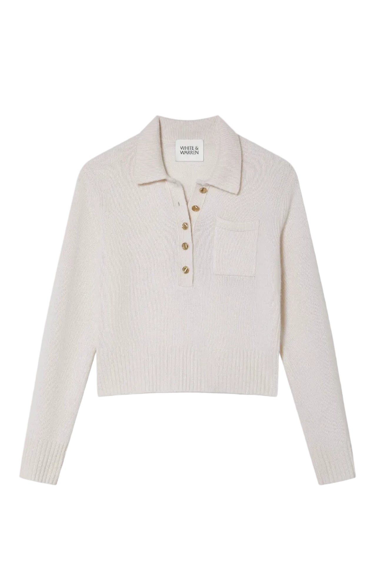 Beige knit polo shirt with gold buttons on a light gray background.