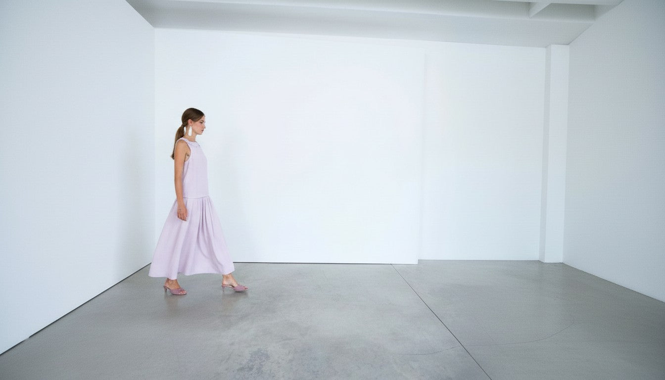 Woman in a light purple skirt and top walking in a minimal white room.