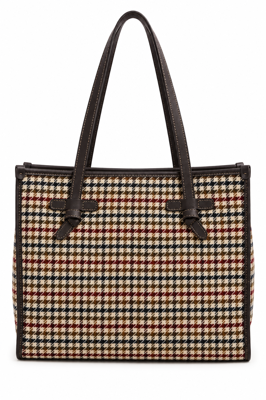A structured houndstooth tote bag with dark brown leather handles and trim, featuring a beige, brown, and black patterned body.
