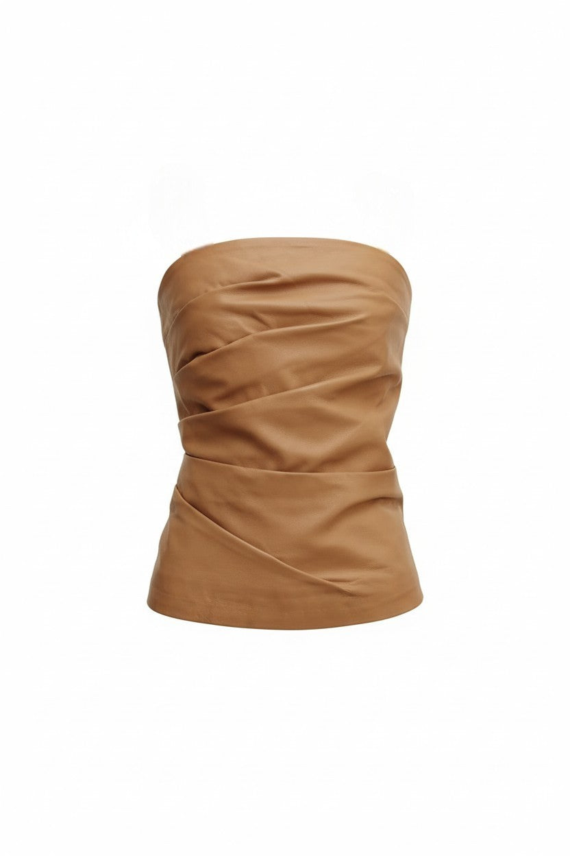 Tan strapless bustier top on a white background.