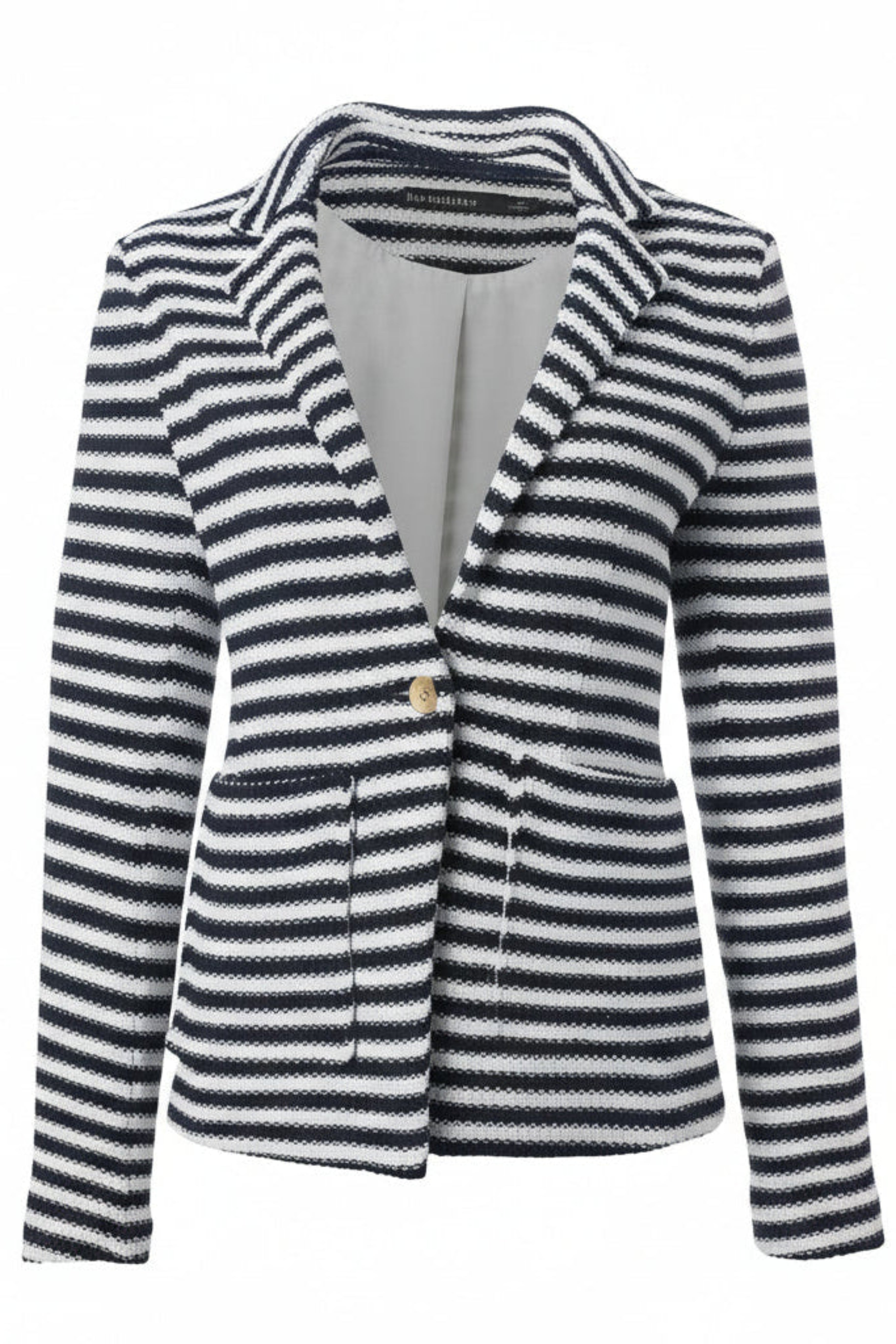 Navy and white striped blazer with a button on a white background.