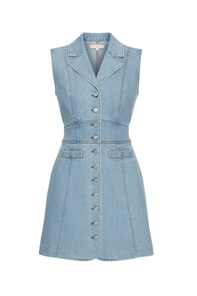Light blue denim dress with buttons on a white background