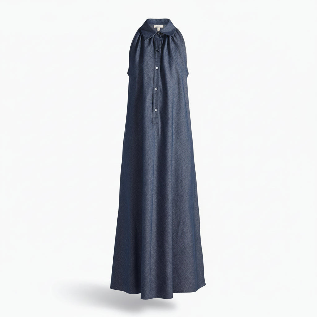 Navy blue sleeveless dress on a white background.