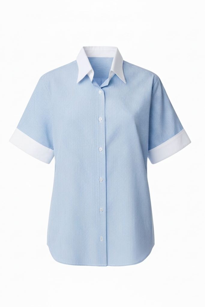 Light blue striped shirt with white collar and cuffs on a white background.