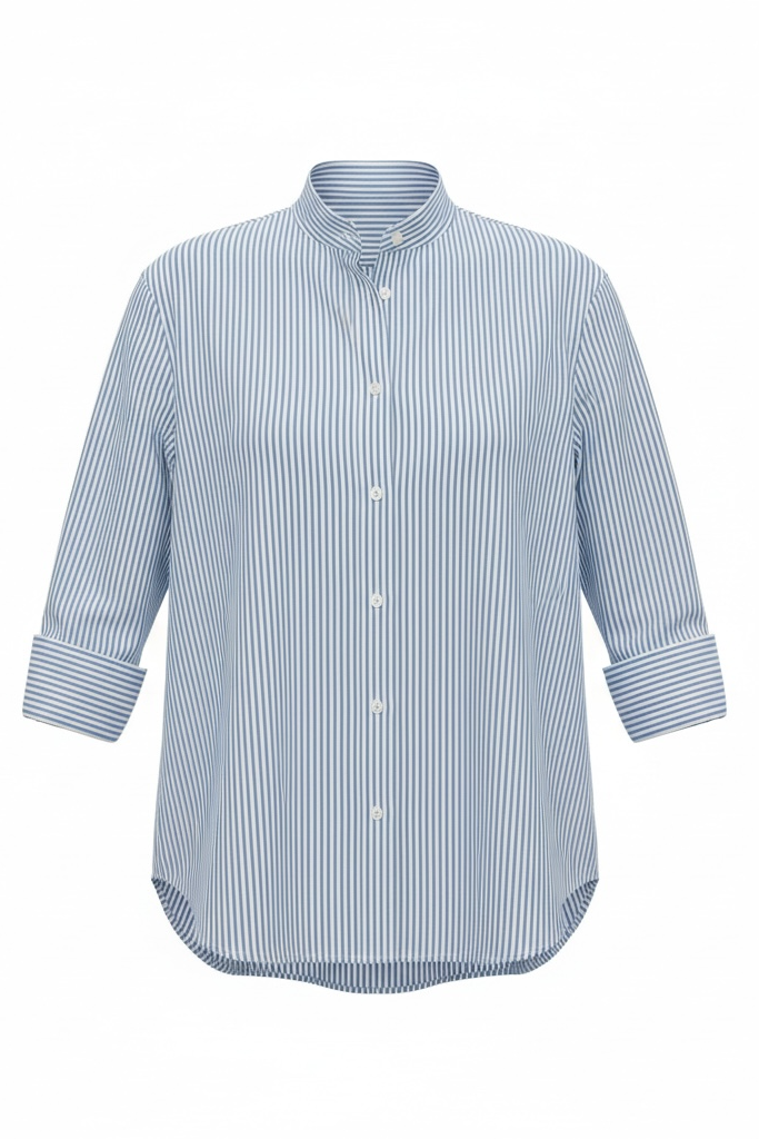 Blue and white striped shirt on a white background.