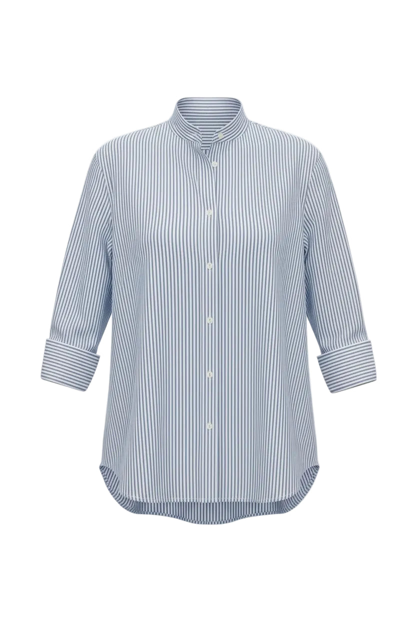 Blue and white striped button up shirt on a white background.