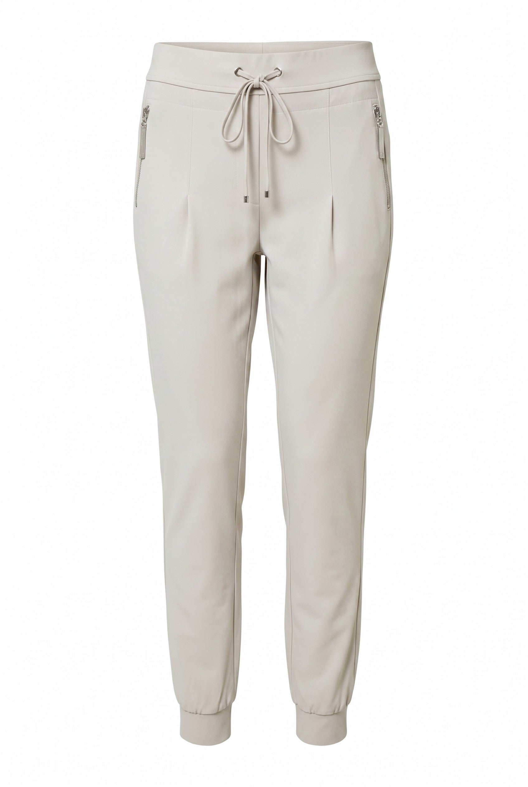 Beige pants with drawstring waist on a white background.