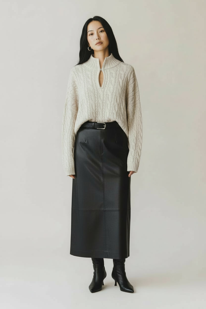 Woman wearing an ivory cable knit sweater with a maxi leather skirt and black boots on a gray background.