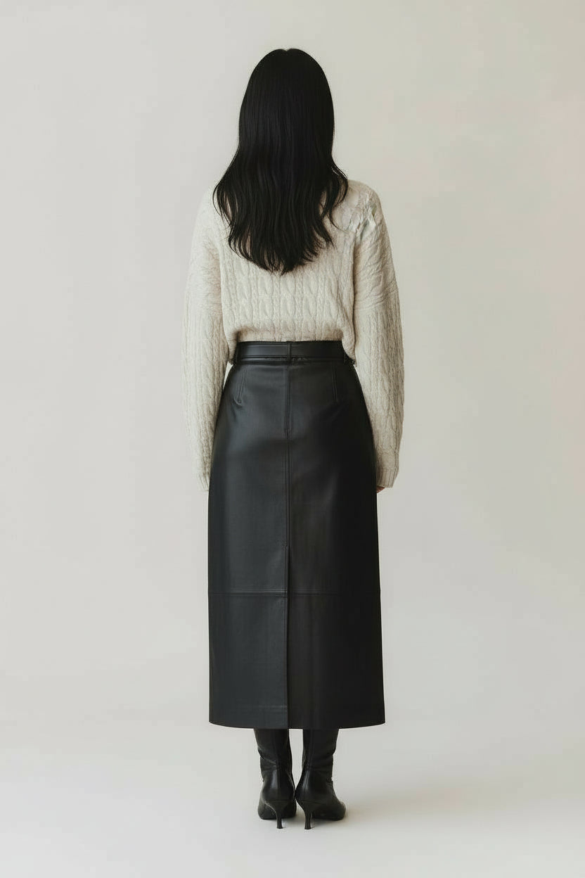 Woman wearing an ivory cable knit sweater with a maxi leather skirt and black boots on a gray background.