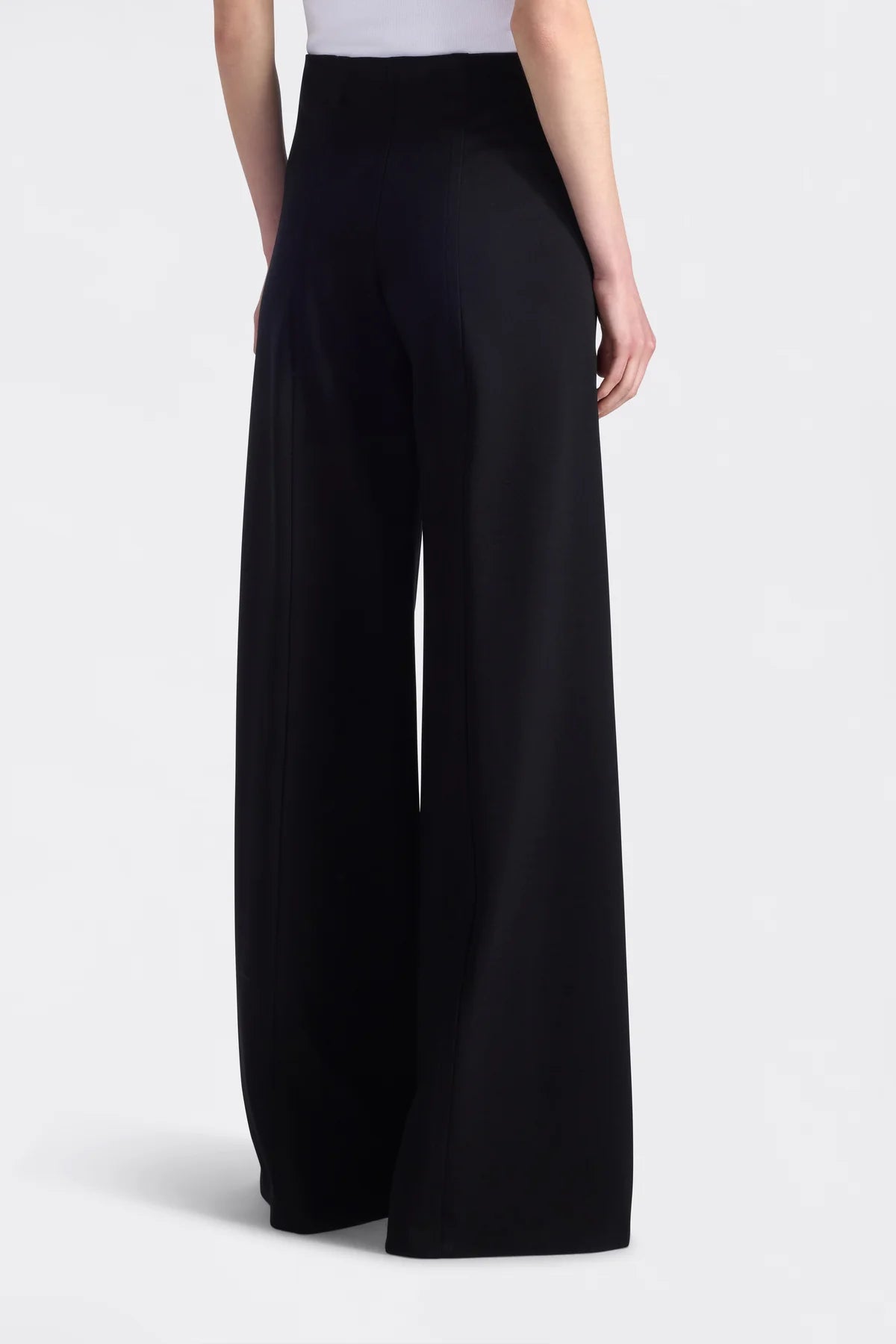 Black wide-leg pants worn by a person on a white background