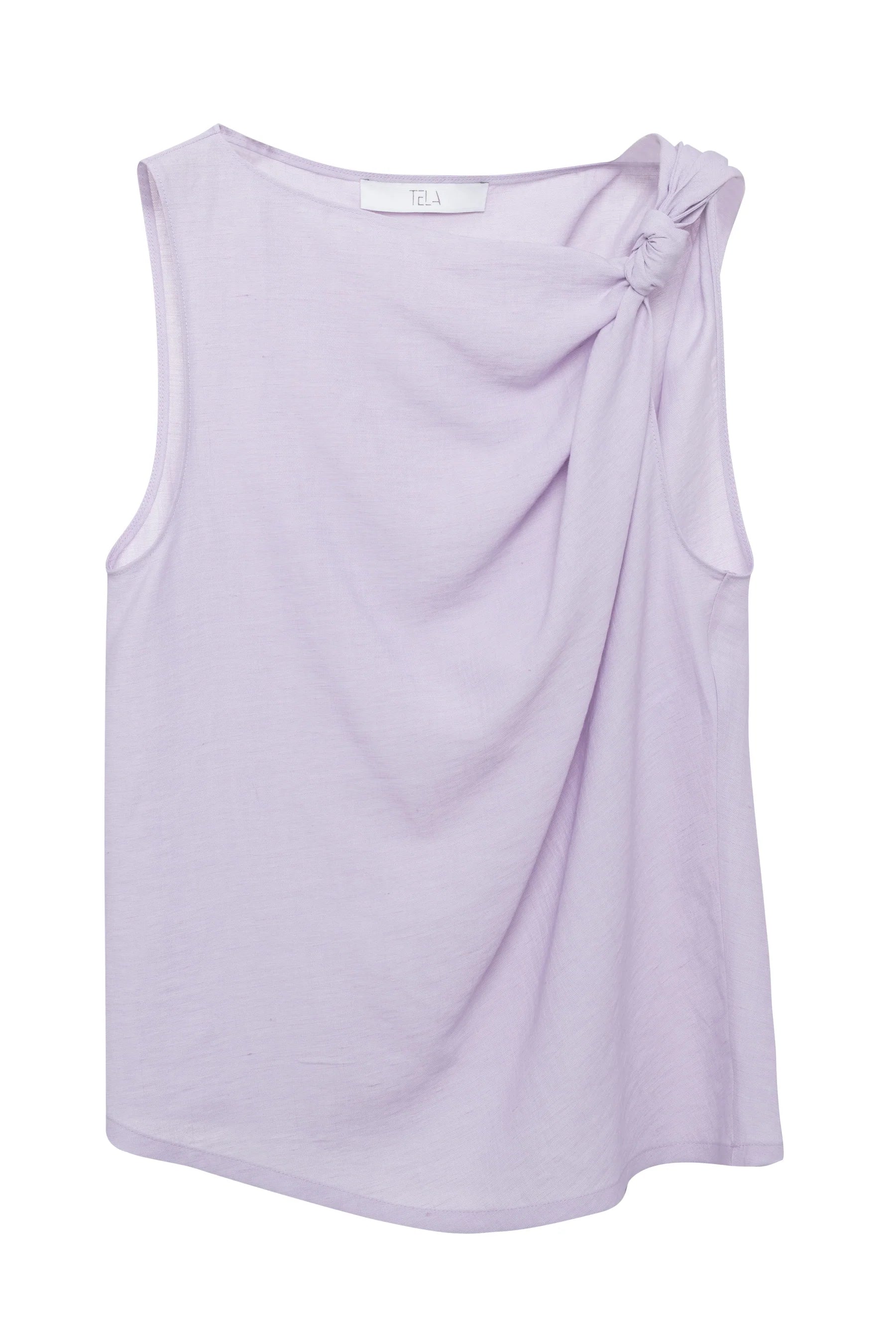 Lavender sleeveless top with a single shoulder strap on a white background.