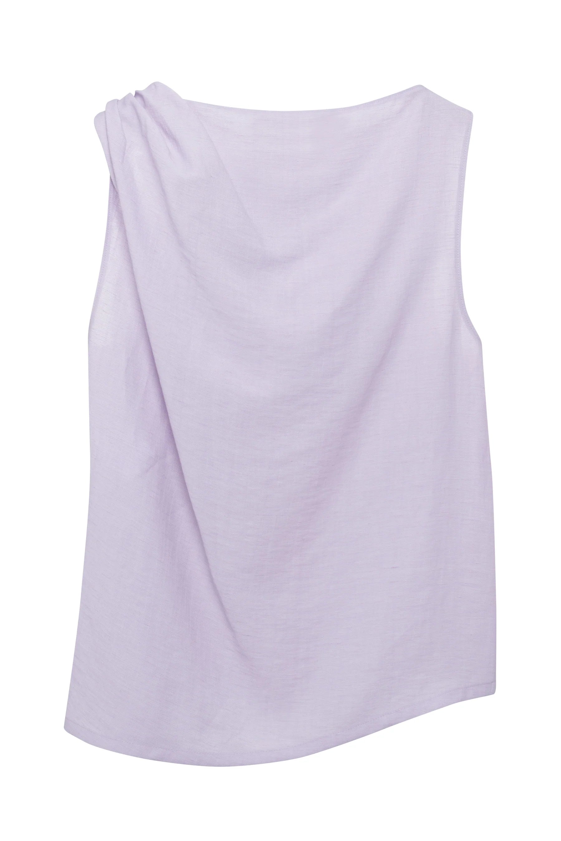 The back of a purple sleeveless top on a white background.