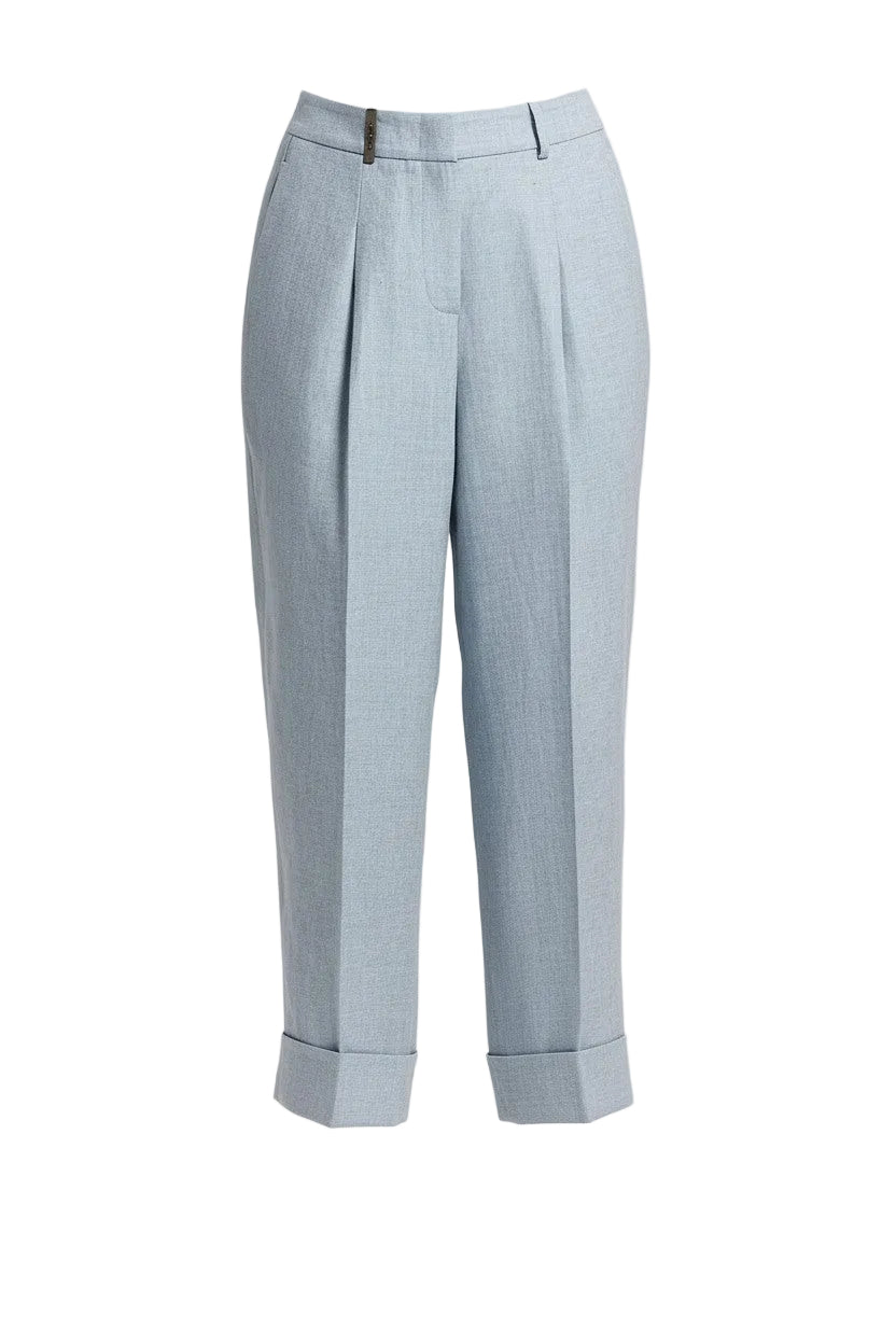 Light blue linen trousers on a white background.