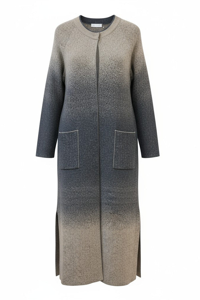 Long gray coat with gradient effect on a white background.