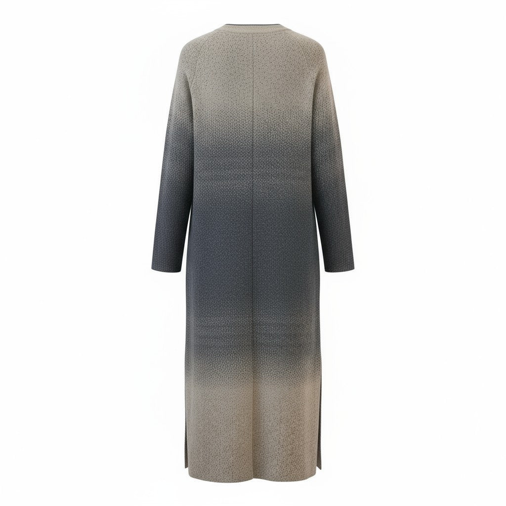 Back of a long coat with a gradient effect from gray to green on a white background