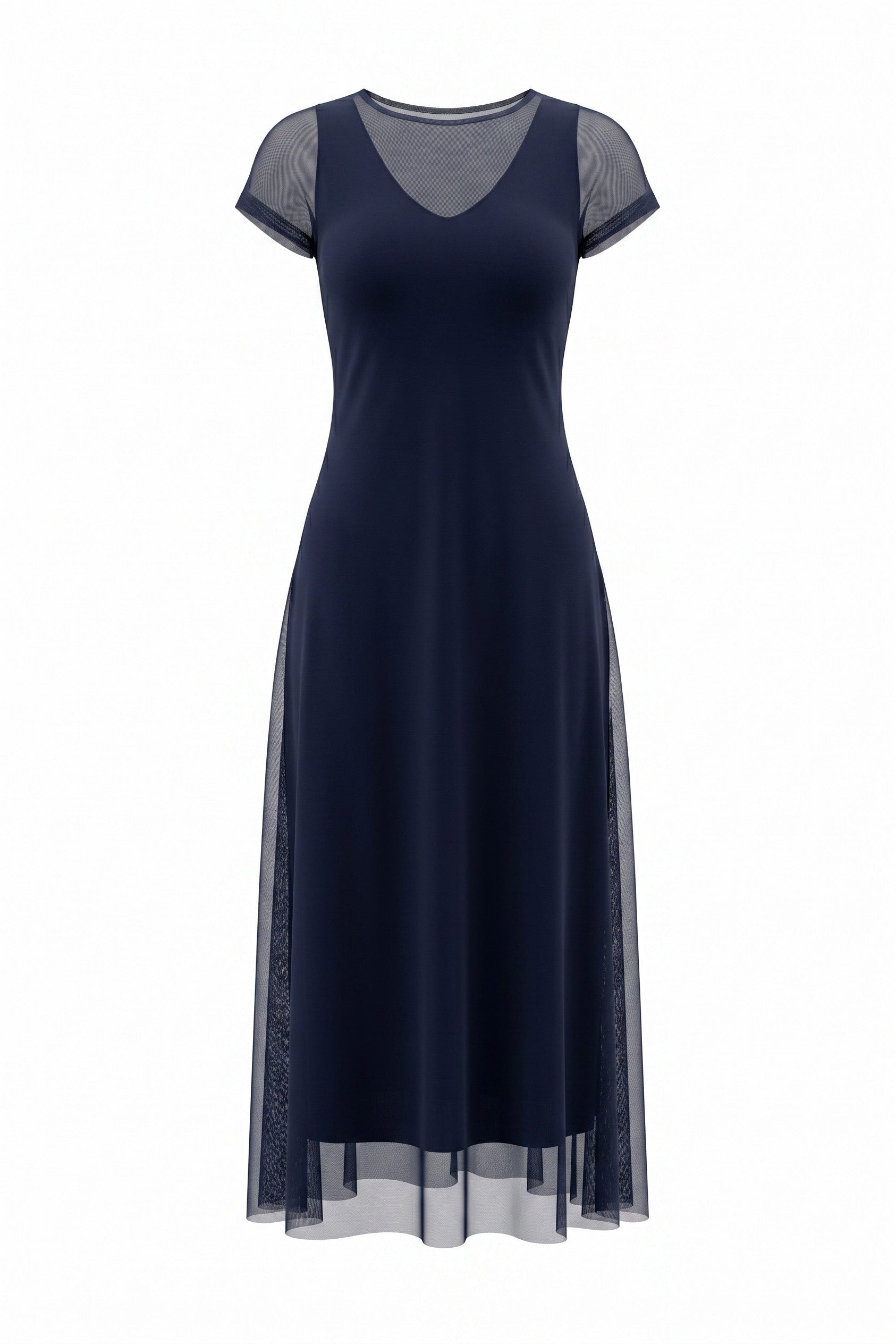 Navy dress with sheer overlay on a white background.