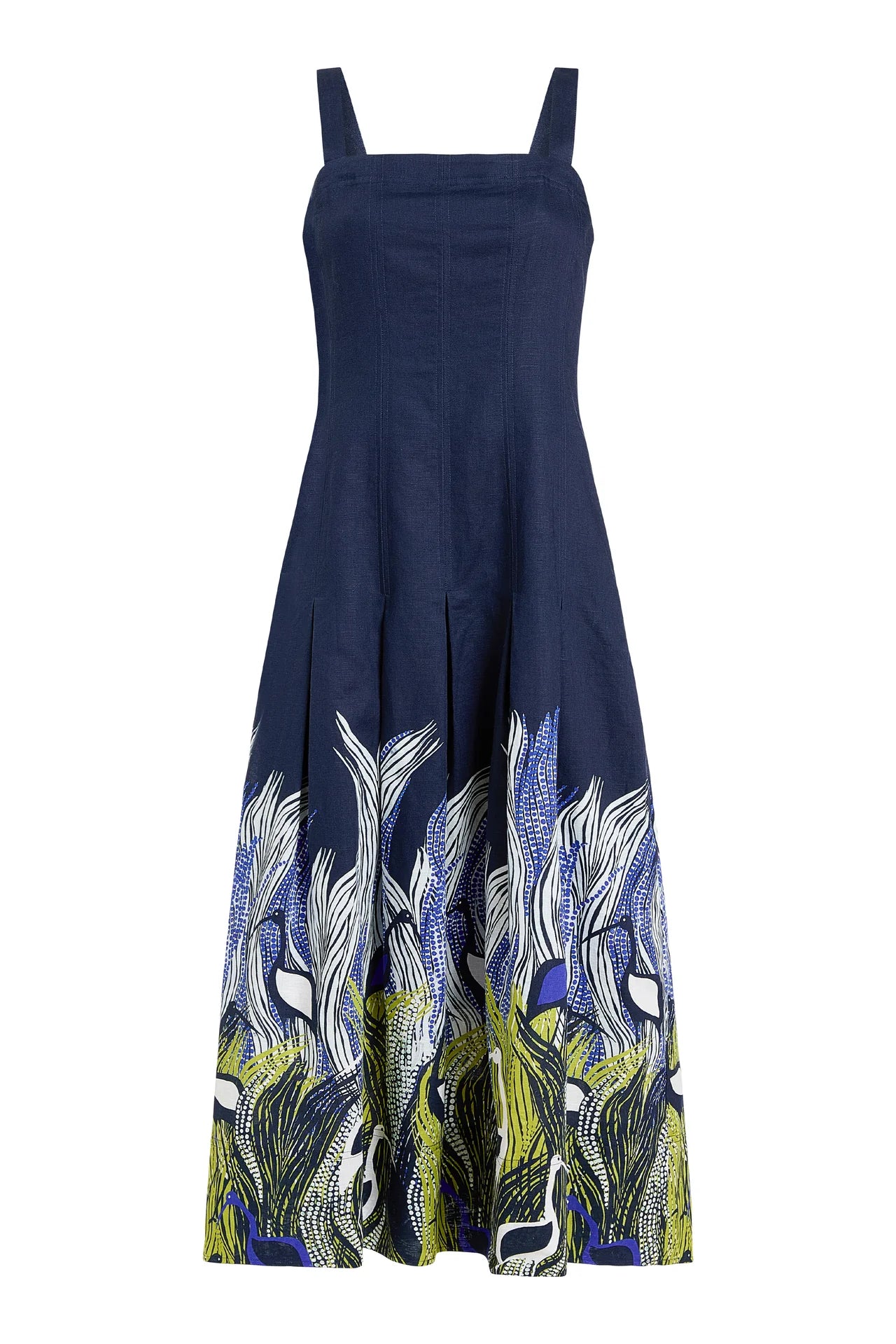 Navy blue dress with peacock feather pattern on a white background.
