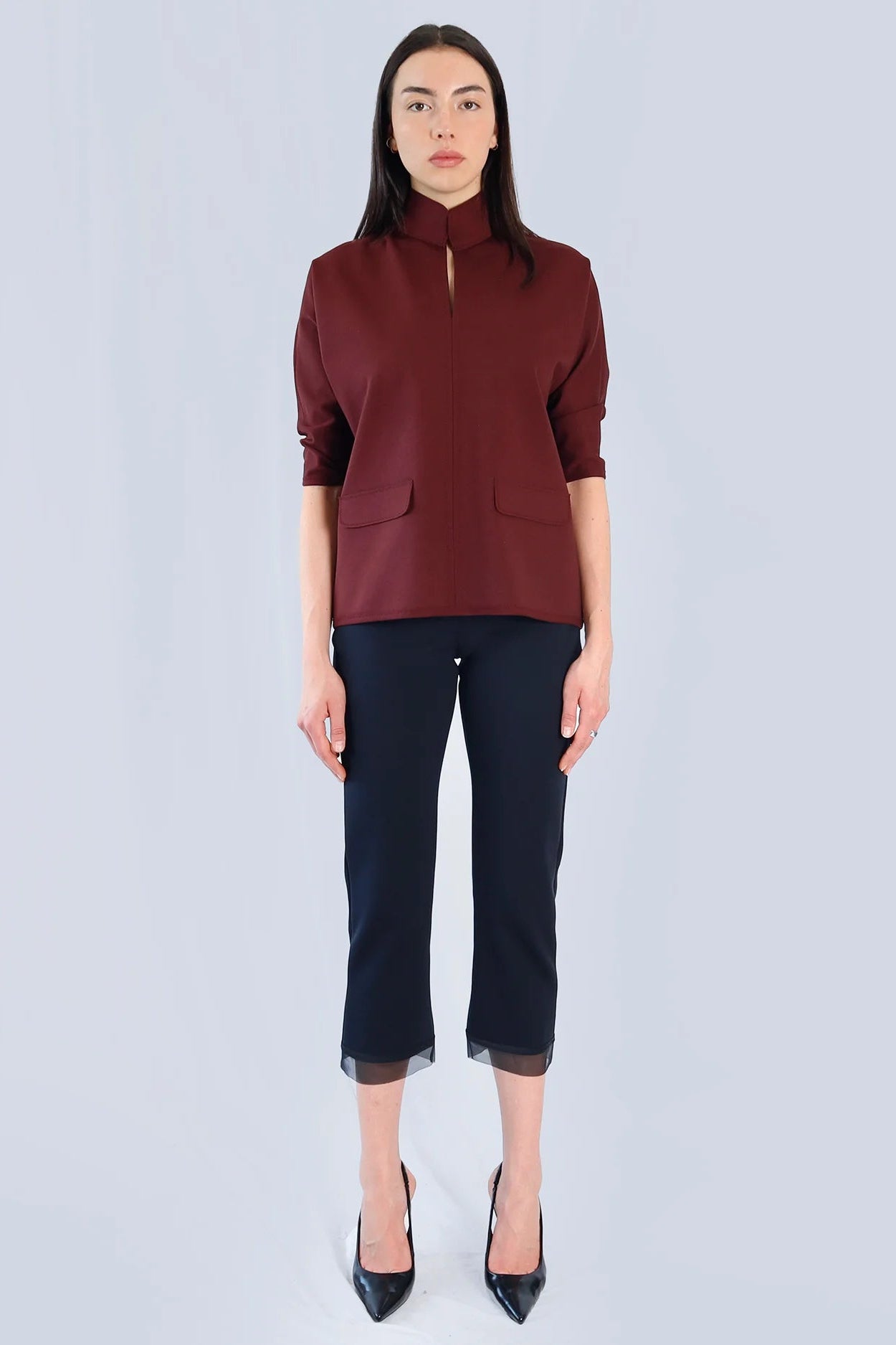 Marie Saint Pierre Helma burgundy high-collar top, front model view