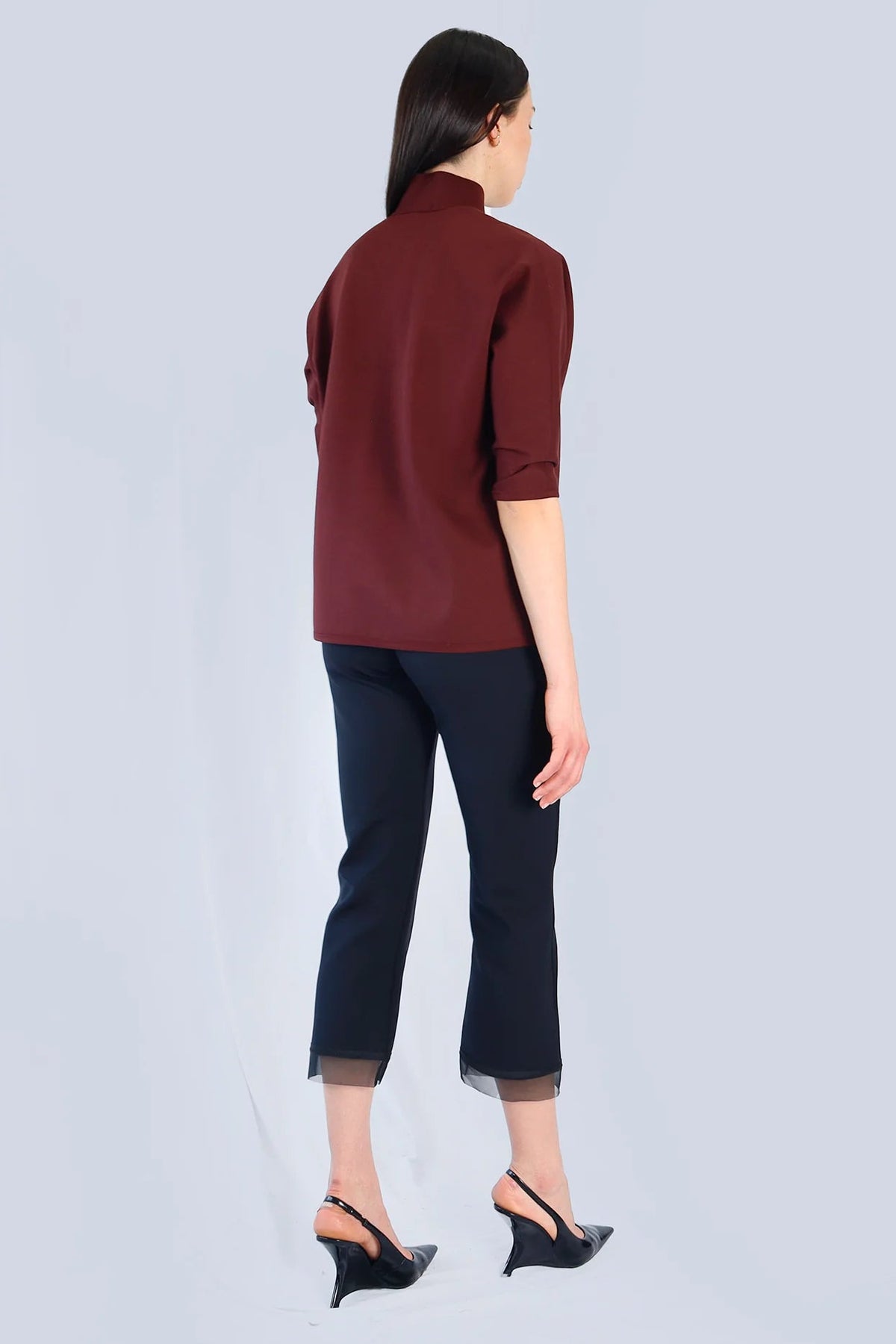 Marie Saint Pierre Helma burgundy high-collar top, back model view