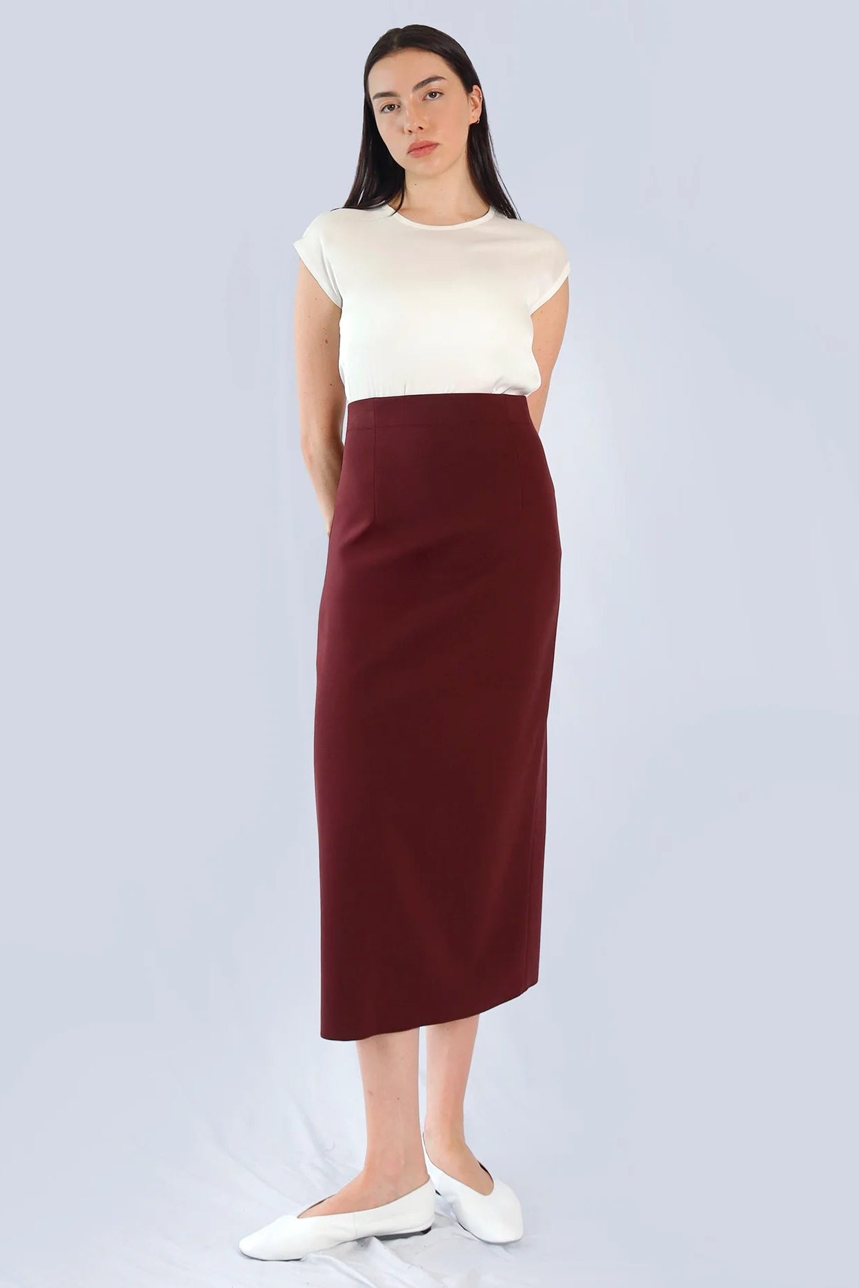 Marie Saint Pierre Tarselle burgundy high-waisted midi skirt, front model view