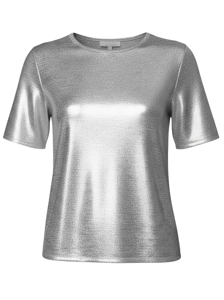 Silver metallic t-shirt on a white background.