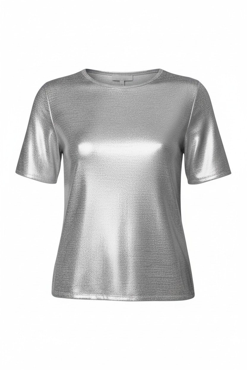 Silver metallic t-shirt on a white background.