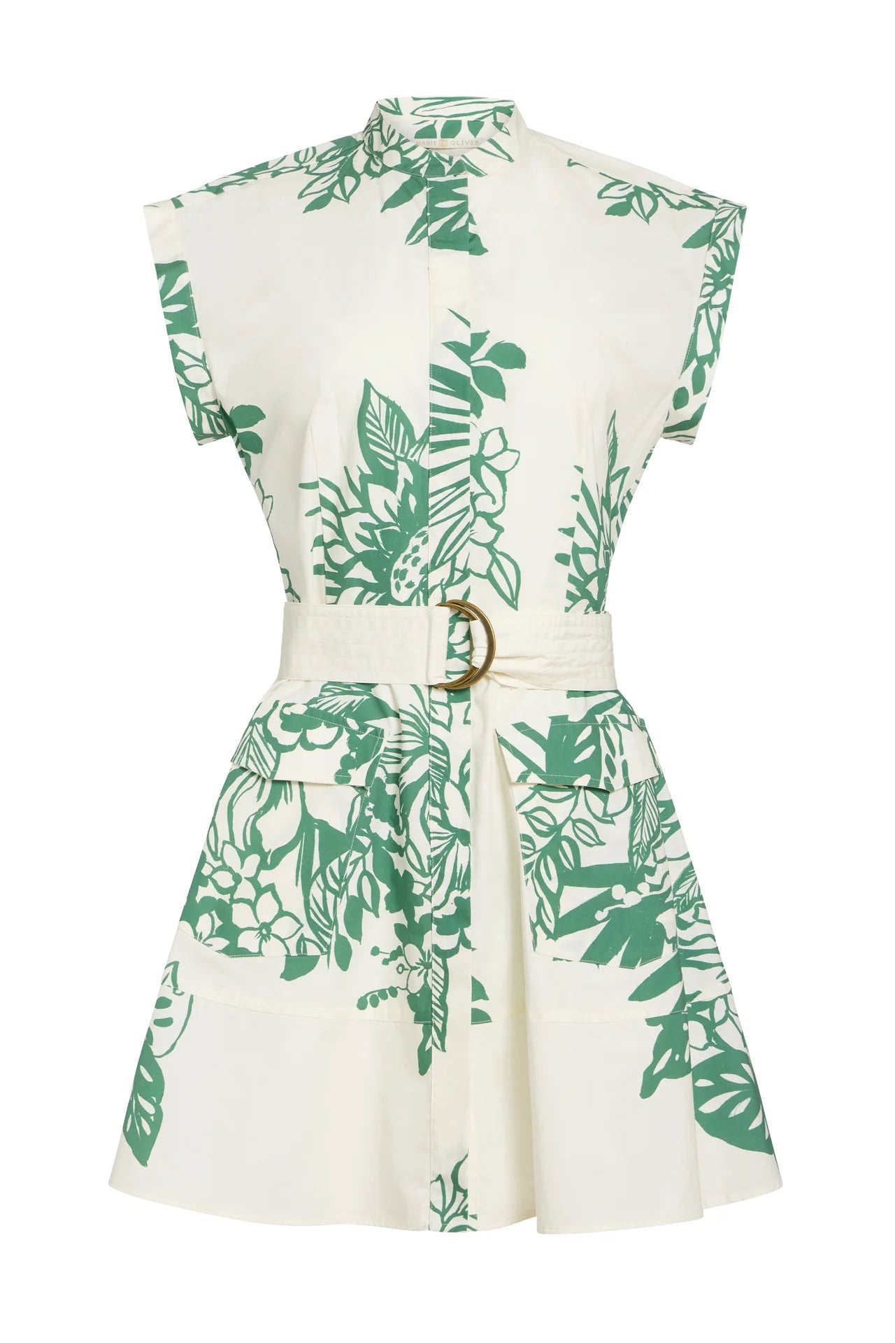 White dress with green leaf pattern and belt on a white background.