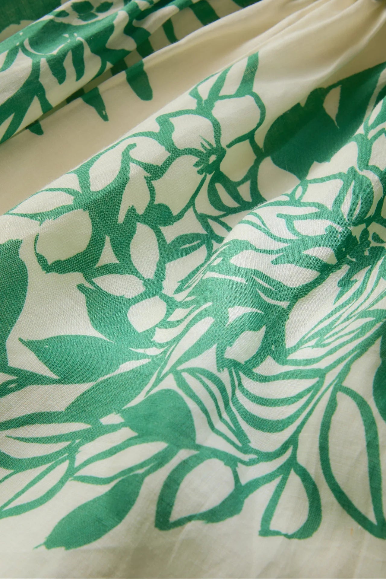Close-up of green leaf pattern fabric on a white background.