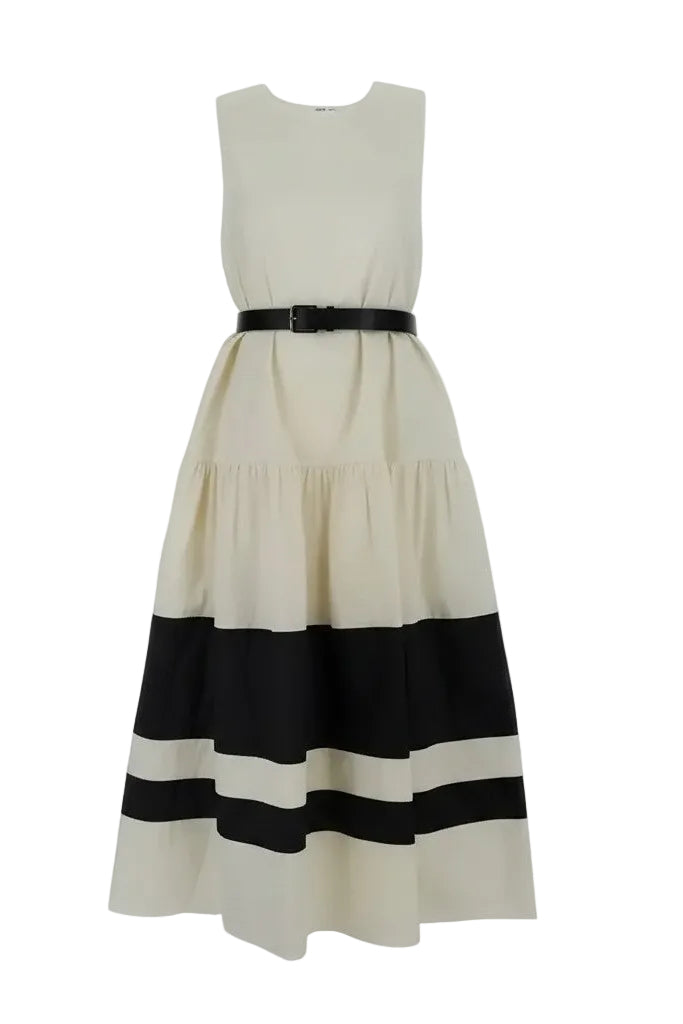 Off-white and black striped dress with a black belt on a white background.