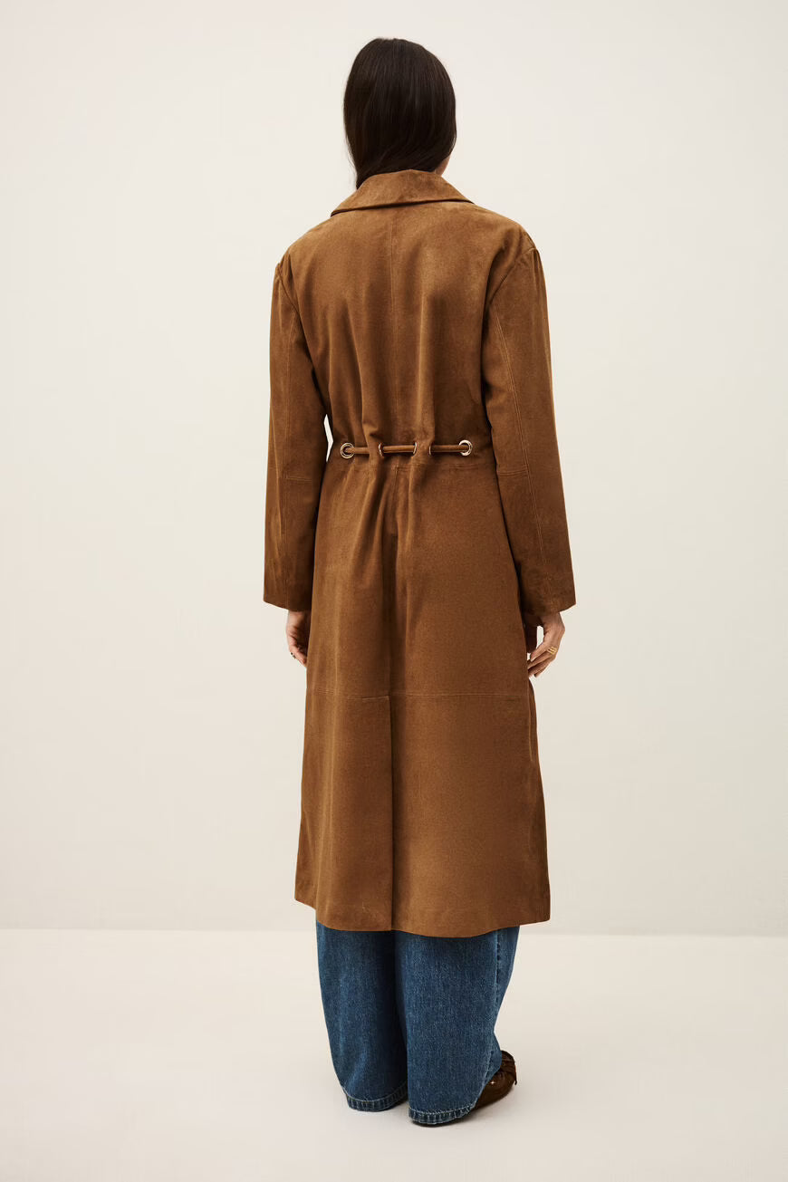 Person wearing a brown coat on a white background