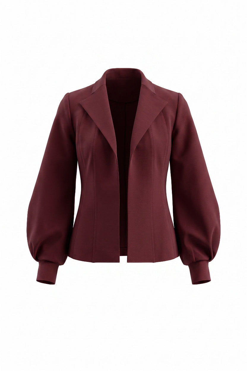 A dark burgundy long-sleeve blazer with a notched lapel collar and voluminous balloon sleeves, shown against a plain white background.
