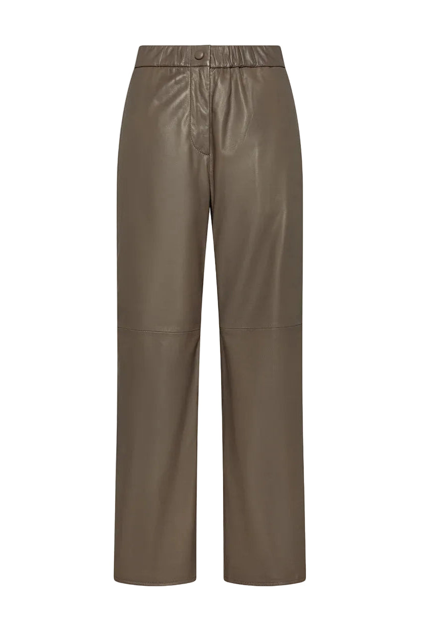 Taupe leather pants on a light gray background.