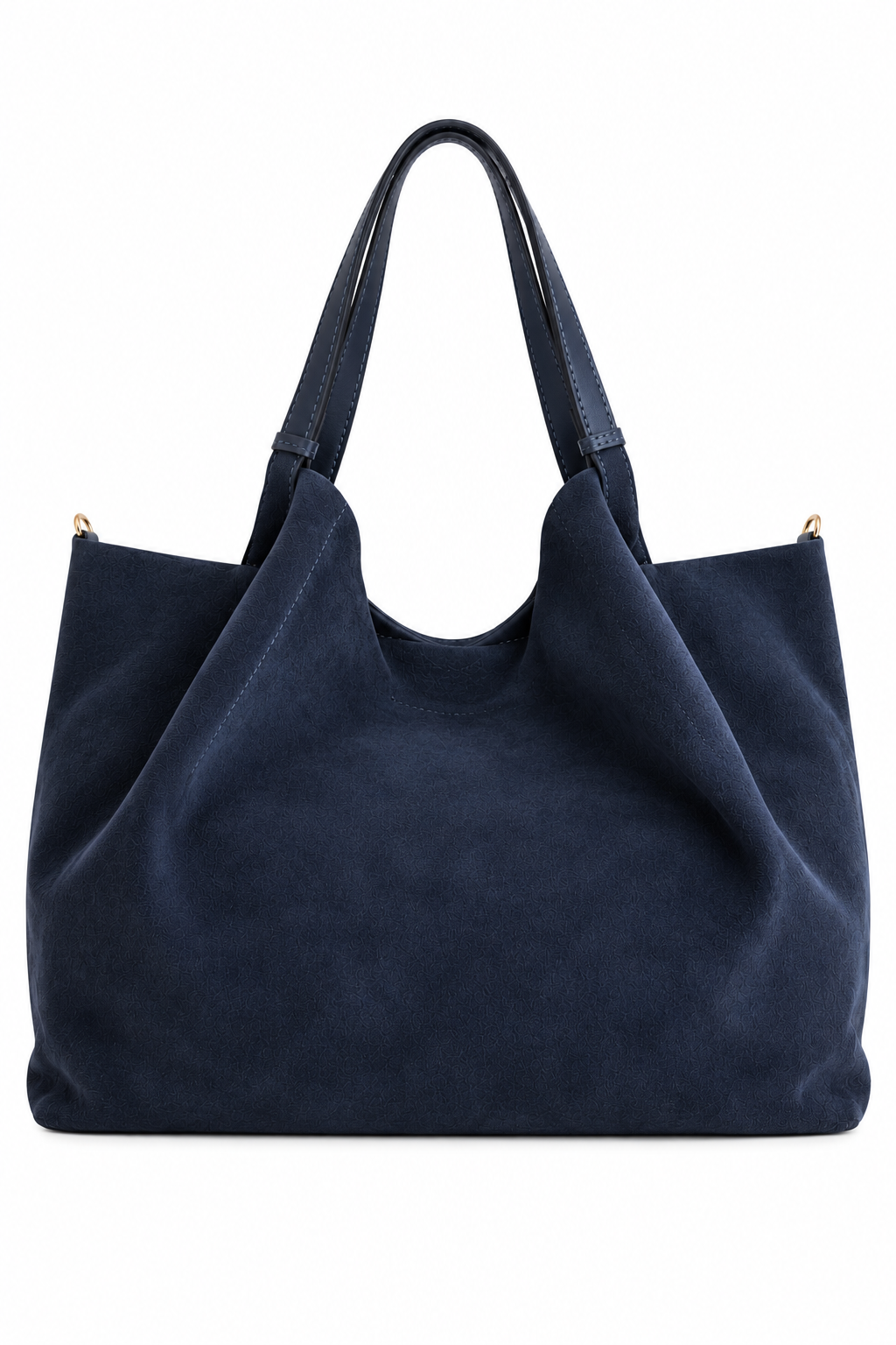A dark navy blue suede hobo tote bag with double shoulder straps and small gold-tone hardware, shown against a plain white background.