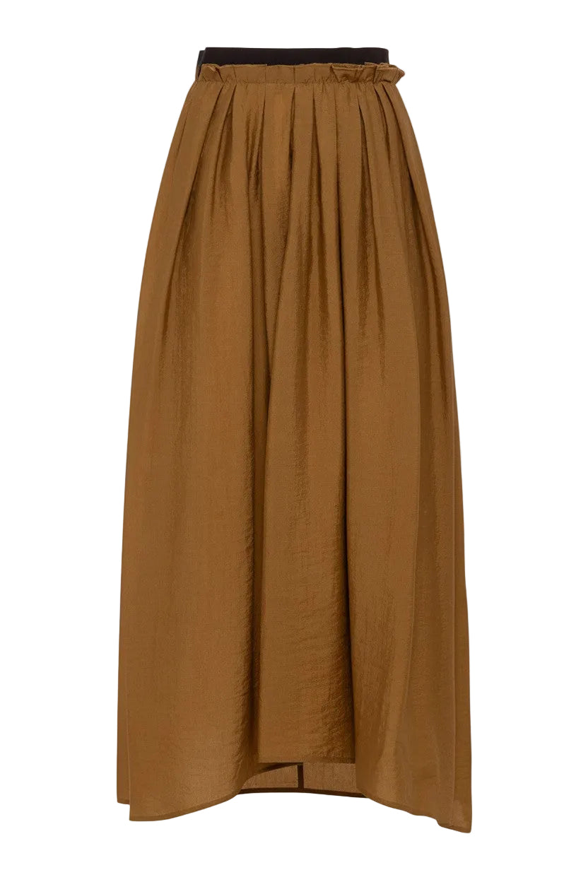 Brown maxi high-low skirt on a white background.
