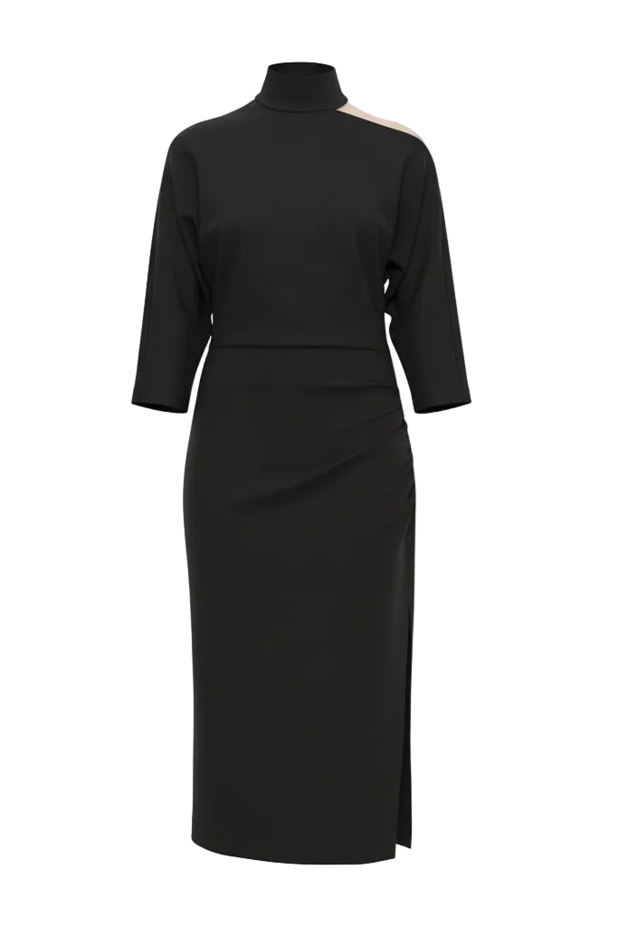Black dress with a high neckline and long sleeves on a white background