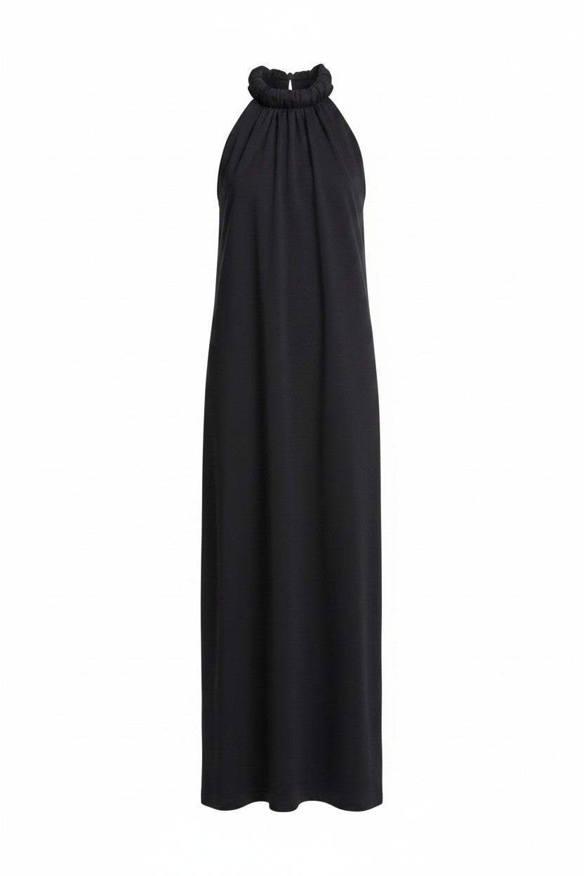 Black full-length dress with rolled neck on a white background.