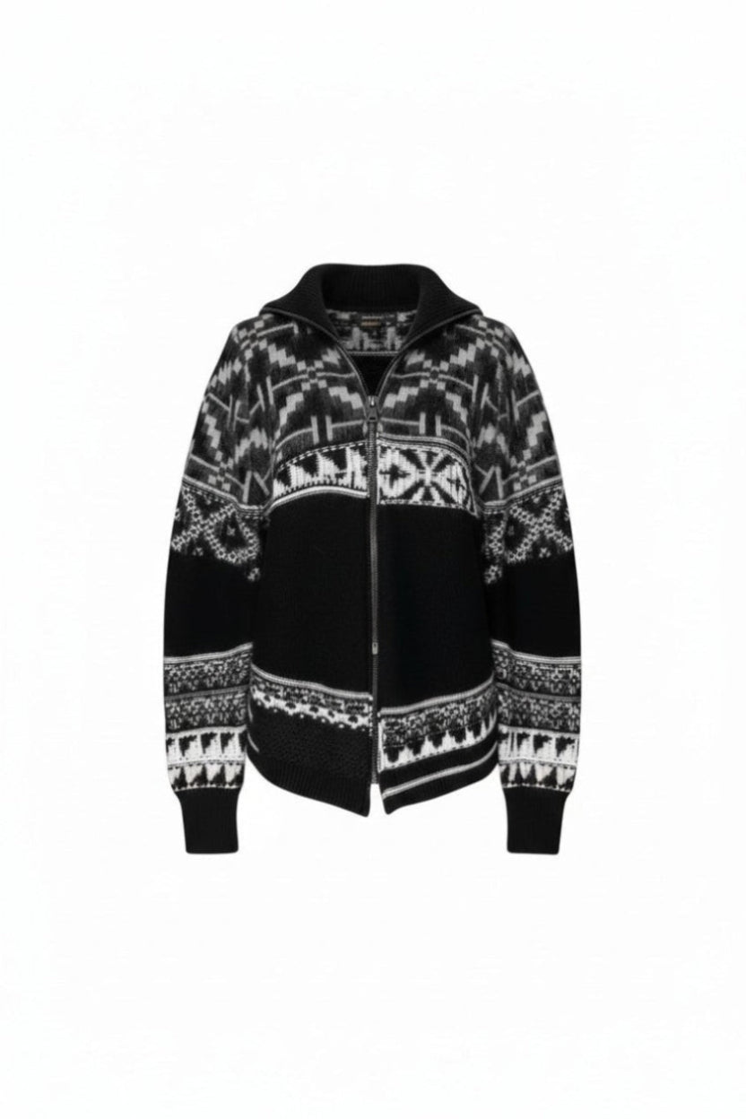 Black and white patterned zip-up hoodie on a white background