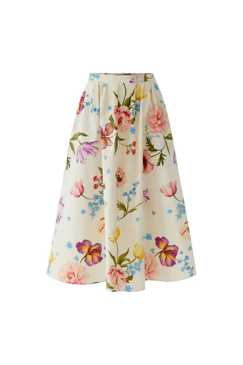 Floral midi skirt on a white background.