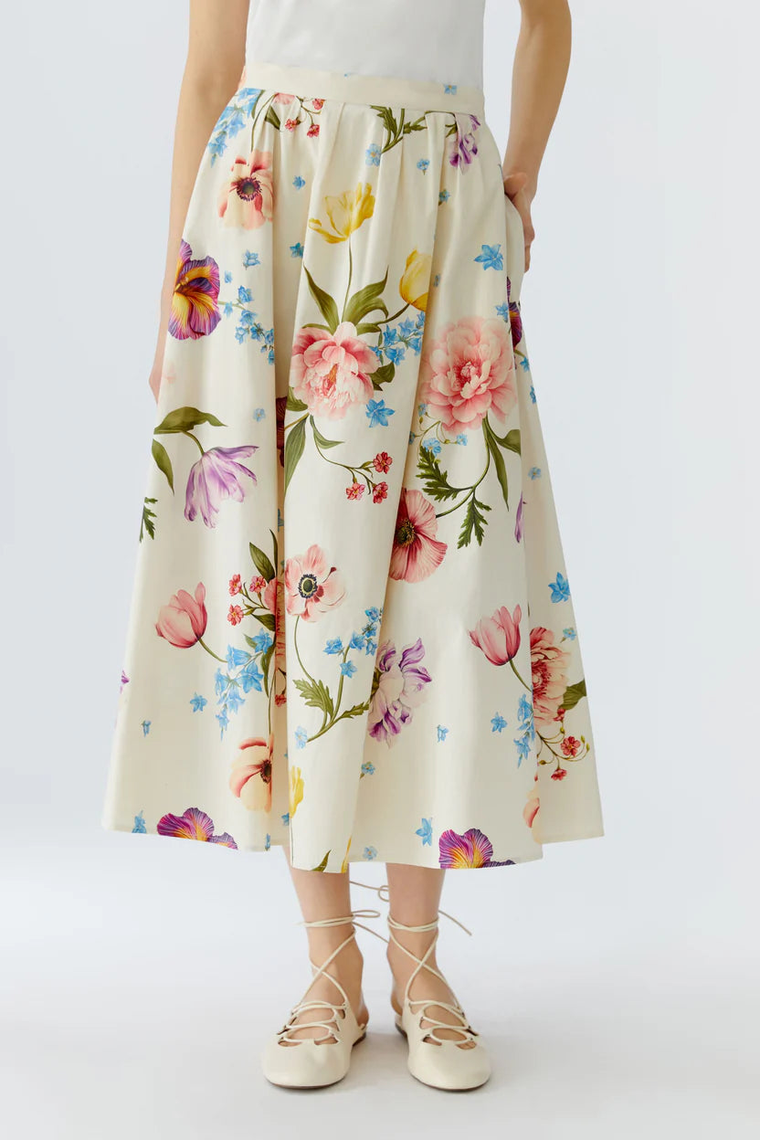 Floral skirt with colorful flowers on a white background.