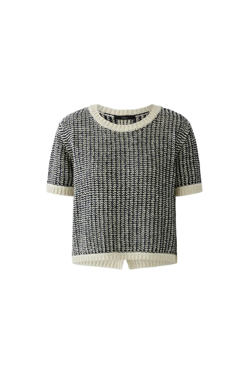 Off-white and navy shortsleeve pullover knit sweater on a white background.