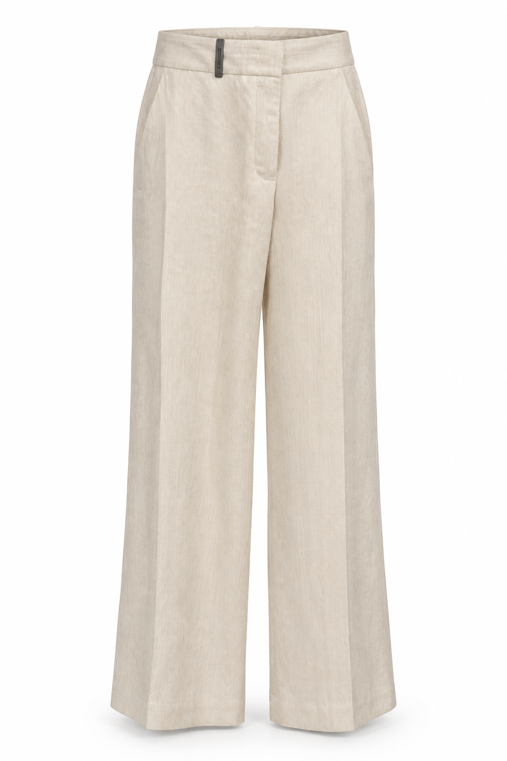 A pair of high-waisted, wide-leg trousers in a light beige linen fabric, shown against a plain white background.