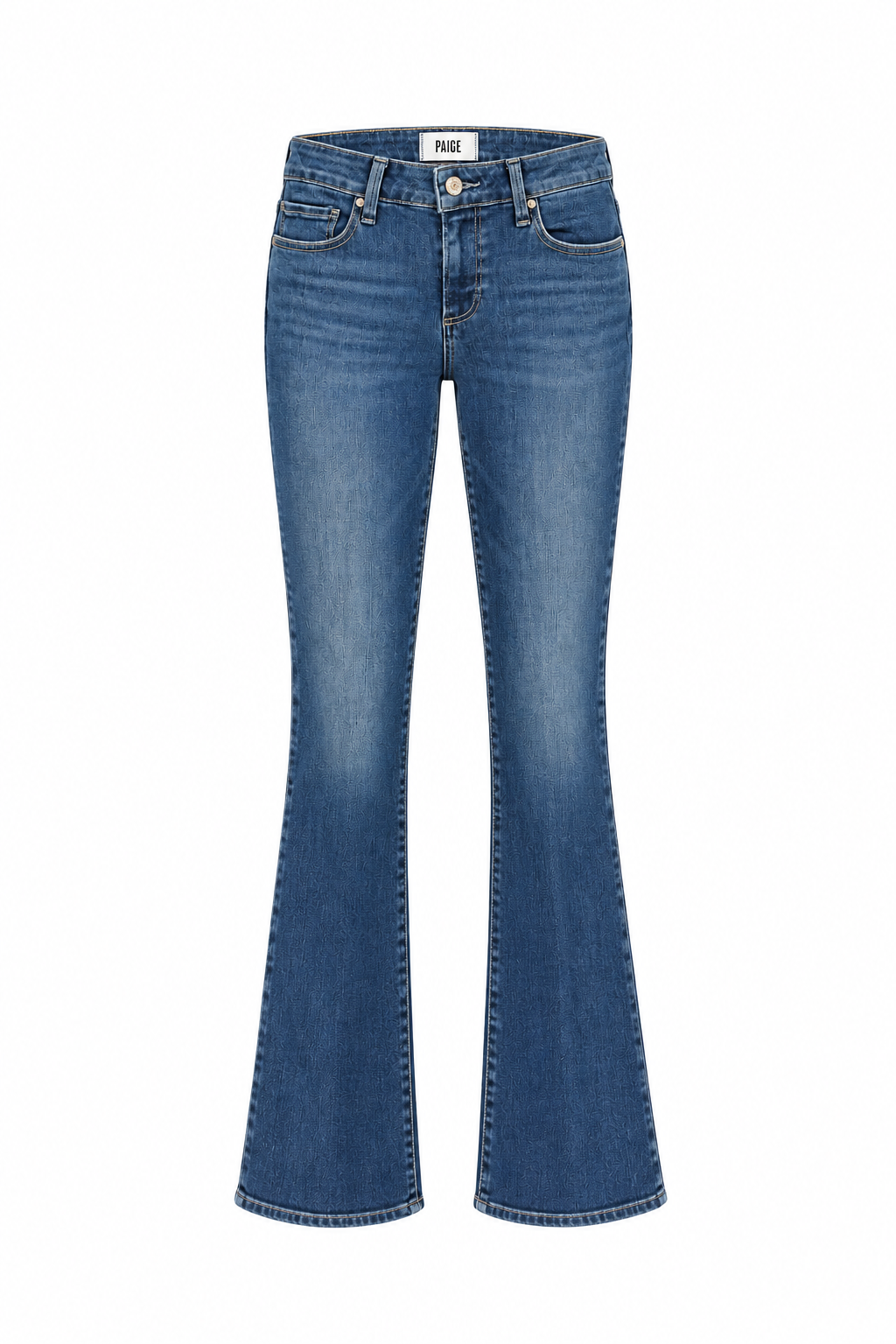 PAIGE Laurel Canyon bootcut jeans in a medium blue vintage wash, featuring a fitted silhouette, five-pocket styling, subtle fading, and a full-length flared leg.
