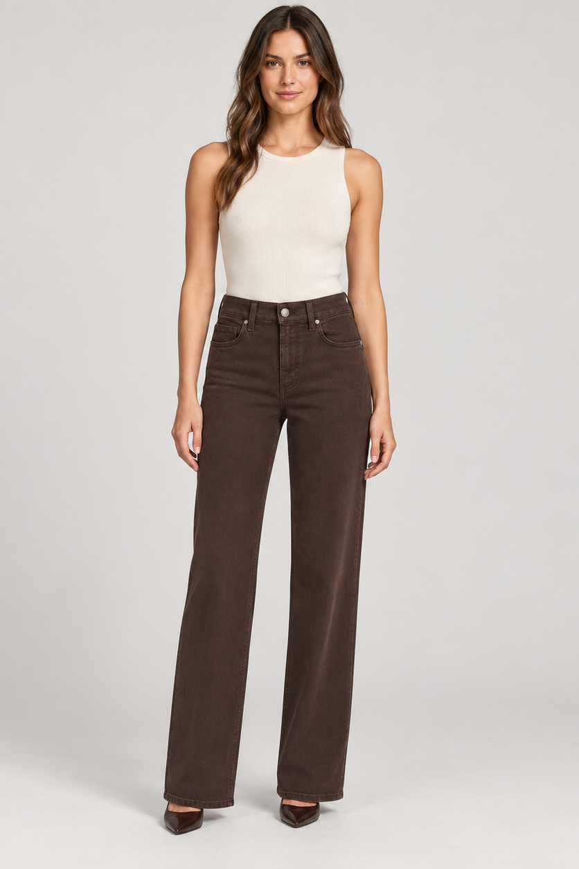 PAIGE Anessa rich chocolate-brown jeans styled with an ivory tank and brown heels, shown from the front.