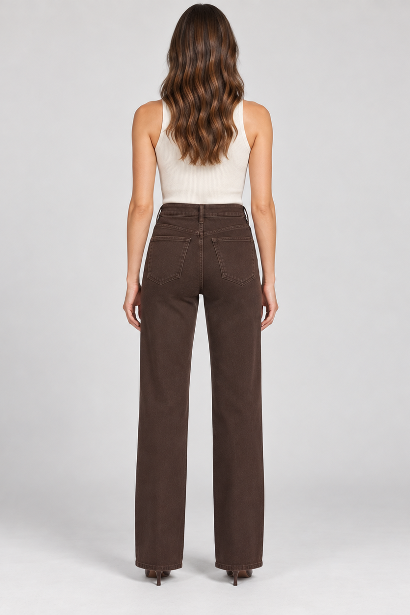 Back view of PAIGE Anessa rich chocolate-brown jeans showing the high-rise waist and two patch pockets.