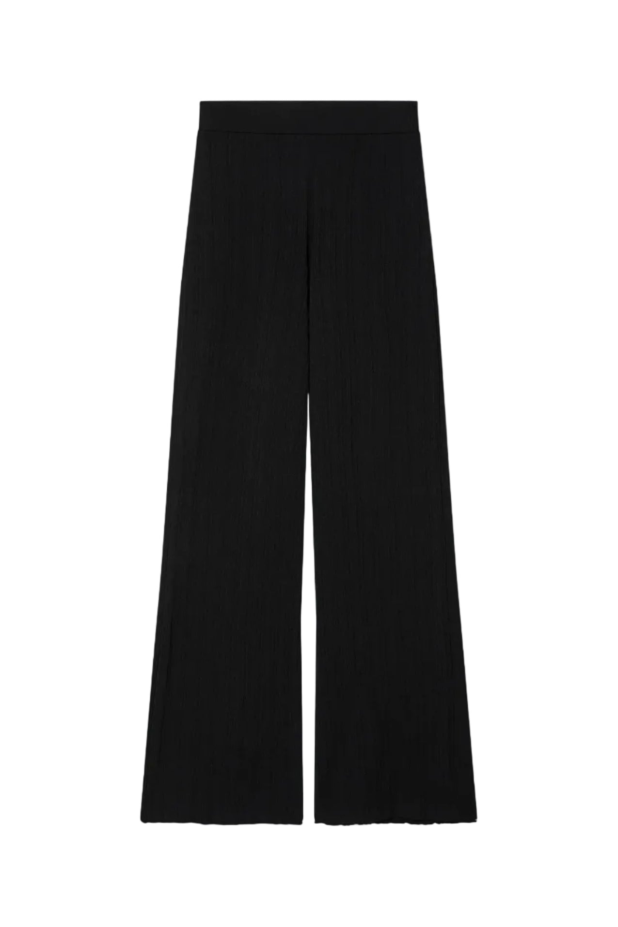 Black wide-leg pants on a white background.