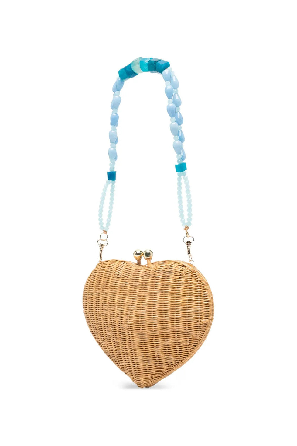 Heart-shaped wicker handbag with a beaded strap on a white background.
