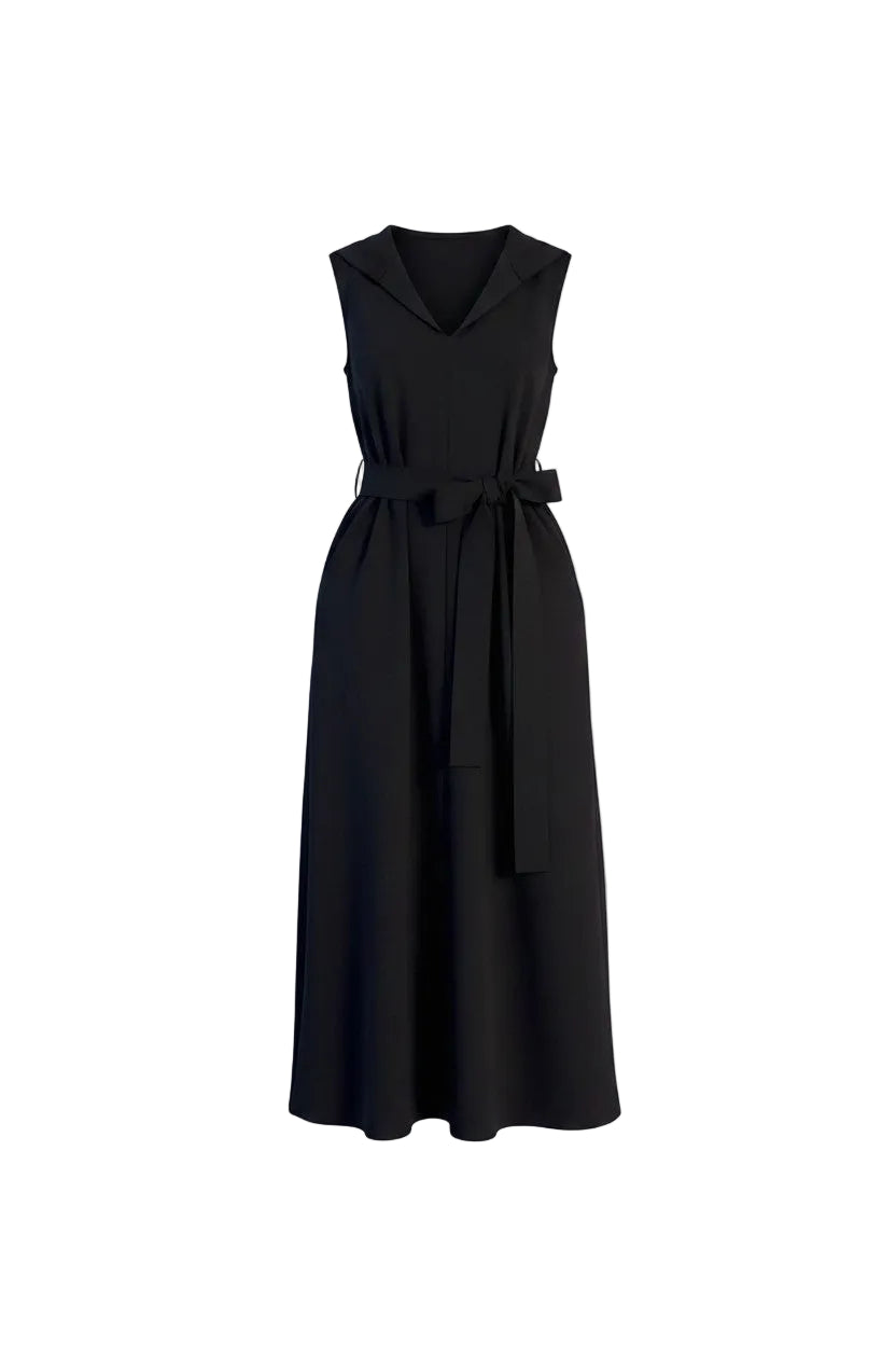 Black dress with belted detail on a white background.