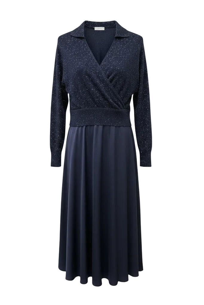 Navy blue dress with long sleeves on a white background.